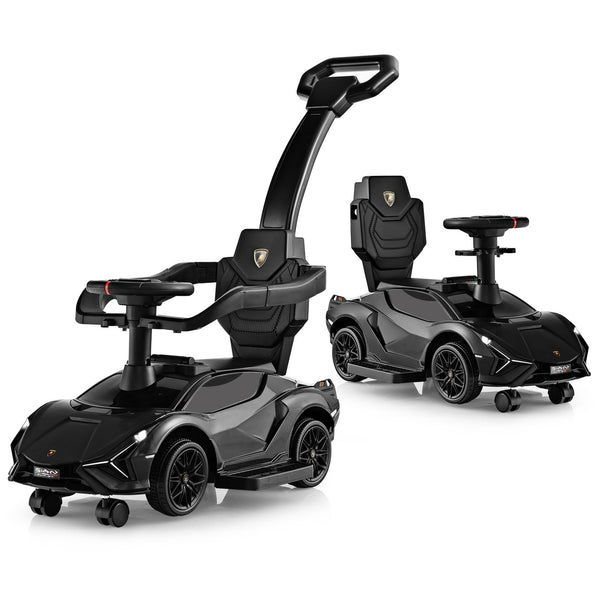 GYMAX 3 in 1 Kids Ride on Push Car, Licensed Lamborghini Push Along Car with Handle, Guardrails, USB Port, Music & Lights, Underneath Storage, Toddler Sliding Toy for 18-60 Months Boys Girls (Black)