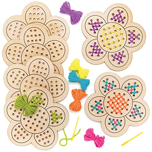 Baker Ross Flower Wooden Threading Kits - Pack of 4, Sewing Arts and Crafts, Craft For Kids (AT378)