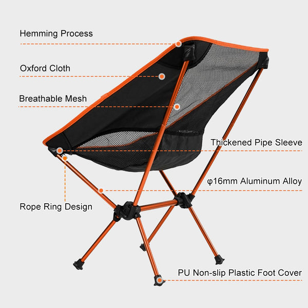 SOPPY Folding Camping Chair Ultra Lightweight, Portable Backpacking Chair, Heavy Duty 135kg Capacity, Outdoor Chairs with Carry Bag for Camping, Garden, Fishing, Beach,BBQs - Orange