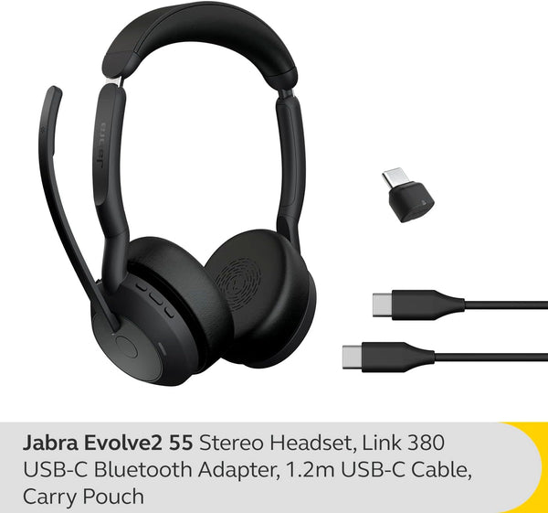 Jabra Evolve2 55 Stereo Wireless Headset Air Comfort Technology, Noise-cancelling Mics, and Active Noise Cancellation - MS Teams Certified, Works with All Other Platforms - Black