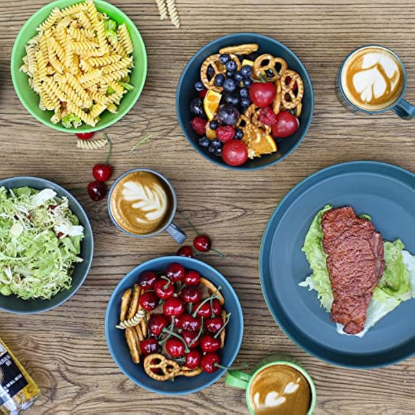 Greentainer Plastic Unbreakable Dinnerware Sets,12PCS Camping Tableware, Lightweight Plates, Bowls and Mugs, Microwave& Dishwasher Safe Plates Set, Service for 4, Great for Kids & Adults