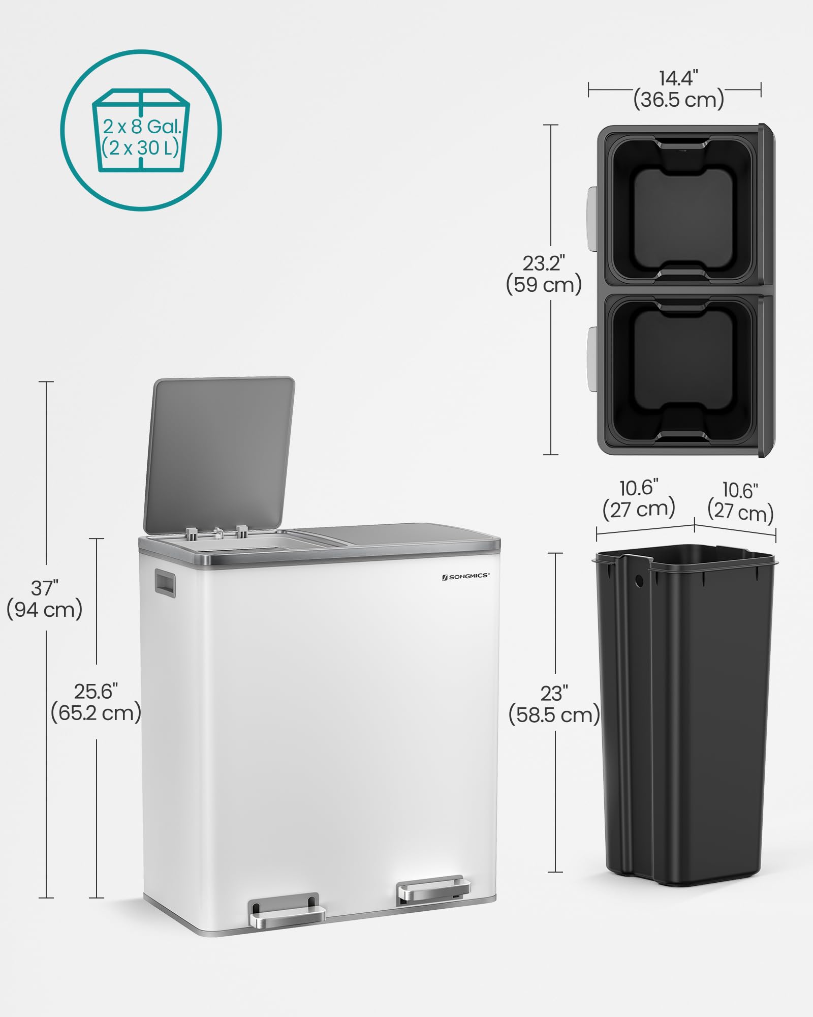 SONGMICS Dual Rubbish Bin, 2 x 30 L Recycling Bin with 15 Rubbish Bags, 2-Compartment Metal Pedal Bin with Lids and Plastic Inner Buckets, Soft Closure, Slate Grey LTB060G01