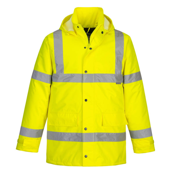 Portwest S460 Men's Winter Traffic Jacket Hi Vis Hooded Work Coat Reflective Fully Lined Zip Safety Utility Waterproof Reflective Workwear