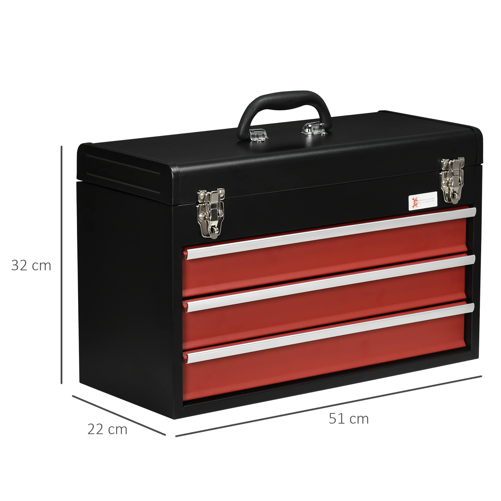 DURHAND 3 Drawer Tool Chest, Lockable Metal Tool Box with Ball Bearing Runners, Portable Toolbox, 510mm x 220mm x 320mm, Red