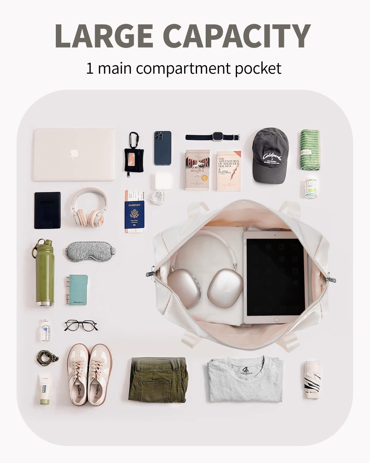 Narwey for Ryanair Cabin Bag 40x20x25 Underseat Ryan Air Bag Foladble Travel Duffel Hospital Carry on Hand Luggage Holdall Weekend Overnight Bag for Women and Men 20L (Beige with Green Straps)