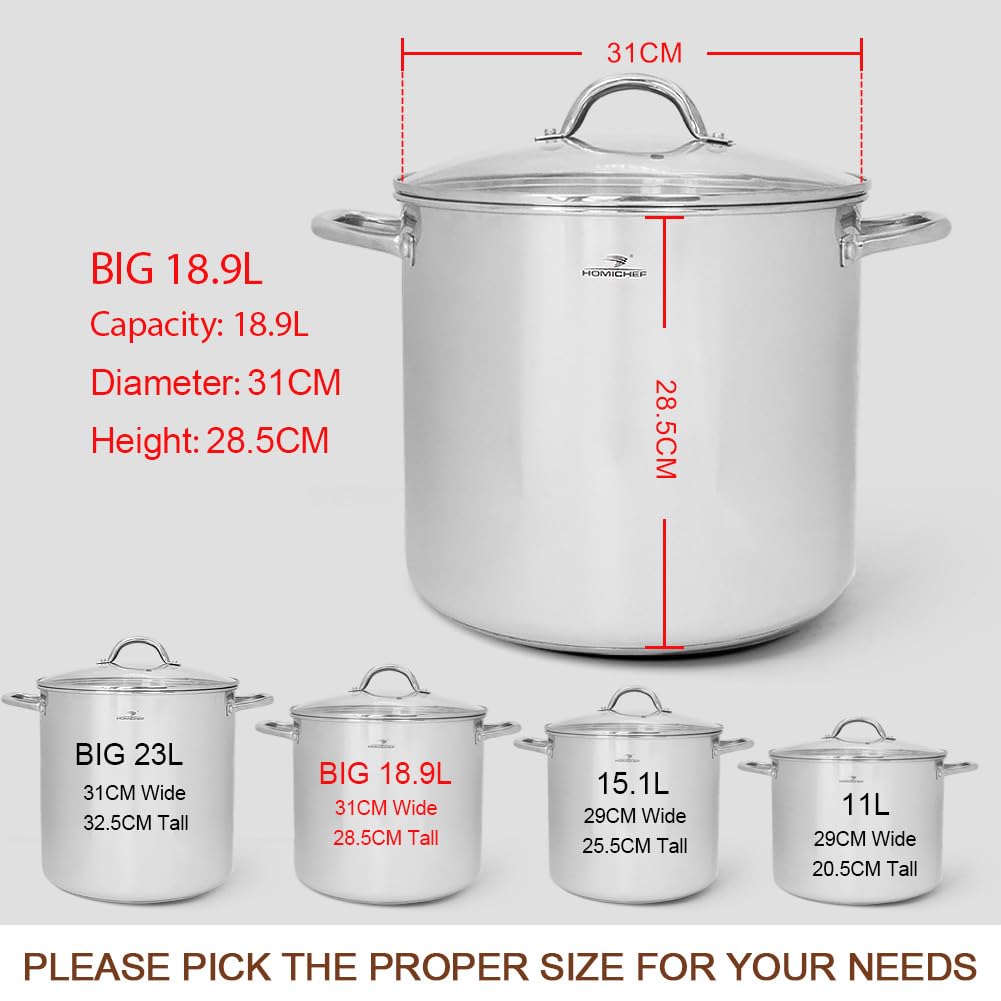 HOMICHEF Large Nickel Free Stainless Steel Stock Pot with Lid (31 cm, 19 Litre) - Mirror Polished Stock Pot 19L with Lid - Heavy Soup Pot Large