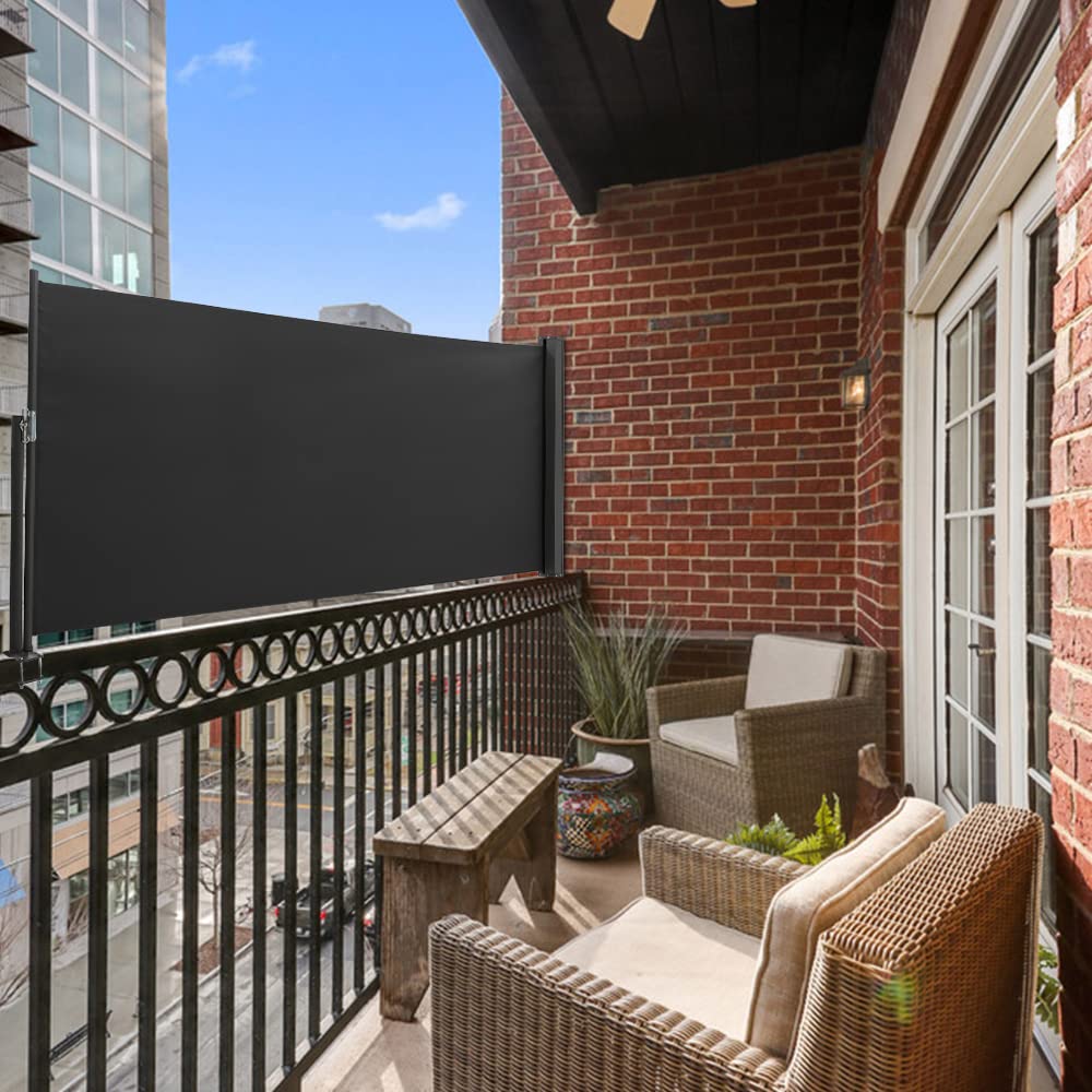 The Fellie Dark Grey Retractable Side Awning, Wind, UV Protection and Weatherproof PU Coating for Outdoor Privacy Screen for Garden, Balcony, Terrace, 140 x 300 cm