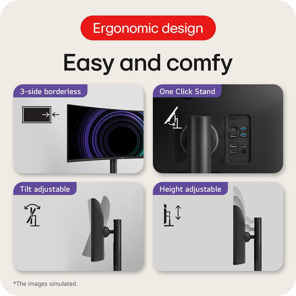 LG Electronics Curved UltraWide Monitor 34WR55QK, 34 inch, 1440p, 100Hz, 5ms Response Time, VA Panel, Smart Energy Saving, USB-C (65W Power Delivery), Displayport, HDMI