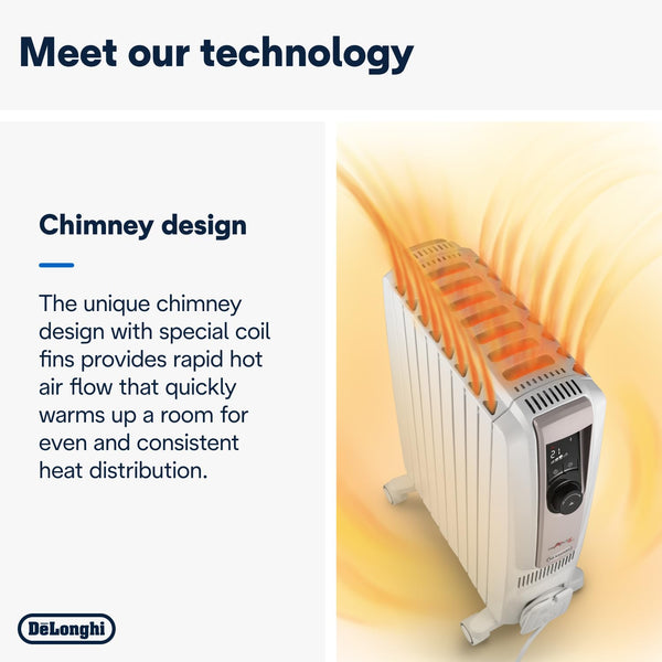 De'Longhi Dragon 4 TRDSX40820E.WB, Oil Filled Radiator with Electronic Timer, Quiet Heater with Functional Design, Chimney Design and Castors, Safety Thermostat, 3 Fan Settings, 2000W, White/Beige