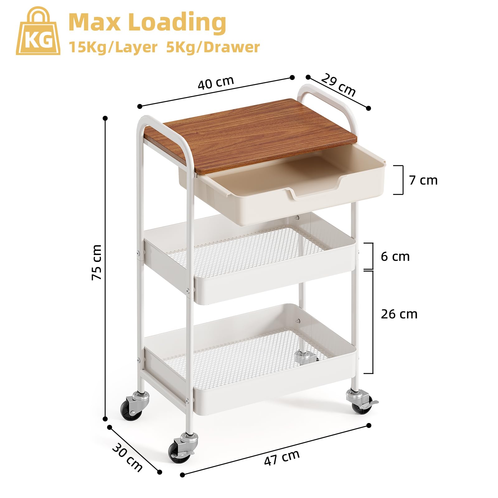 KINGRACK Rolling cart, 3-Tier Utility Storage Trolley with Wooden Board and Drawer, Metal Storage Cart with Handle, White Trolley Kitchen Organizer