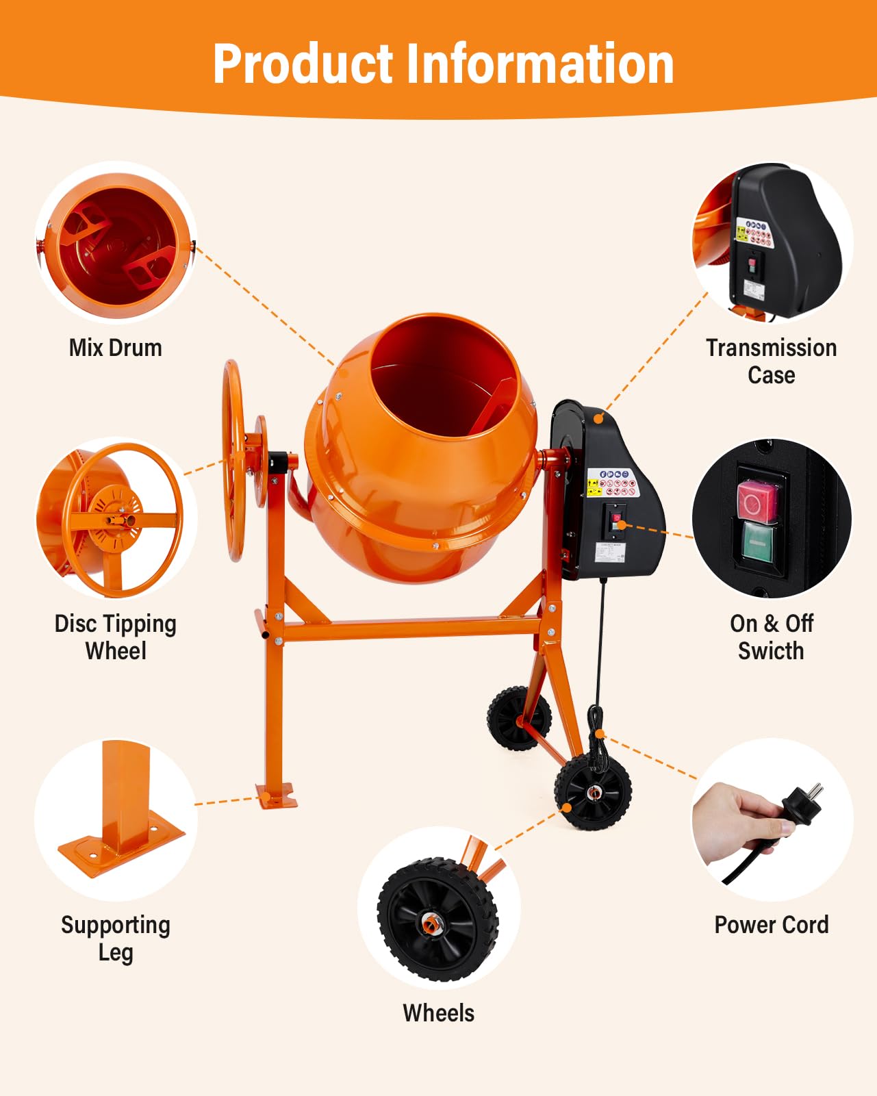 DKIEI 63L Electric Cement Mixer, 220W Concrete Mixer with Wheels and Stand, Portable Mud Mixer Machine for Cement, Stucco, Seeds and Fodder, 230V, 50Hz, 30RPM, Orange