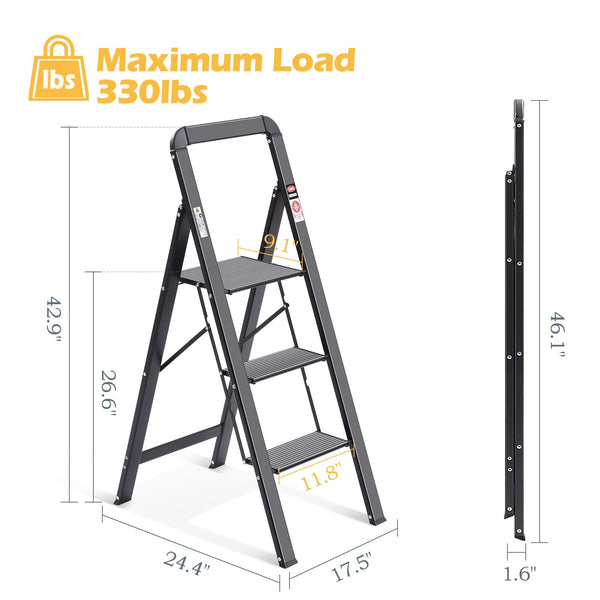 KINGRACK 2 Step Ladder with Handrail, Non-Slip Household Ladder with Folding Safety, Aluminium Folding Step Stool, Maximum Load 150 kg, Black