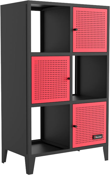 X-Rocker Mesh-Tek Tall 6 Cube Storage Unit, Bookcase Display Cabinet with 3 Cupboard Doors and 3 Shelves, Metal Sideboard Locker - Black & Red