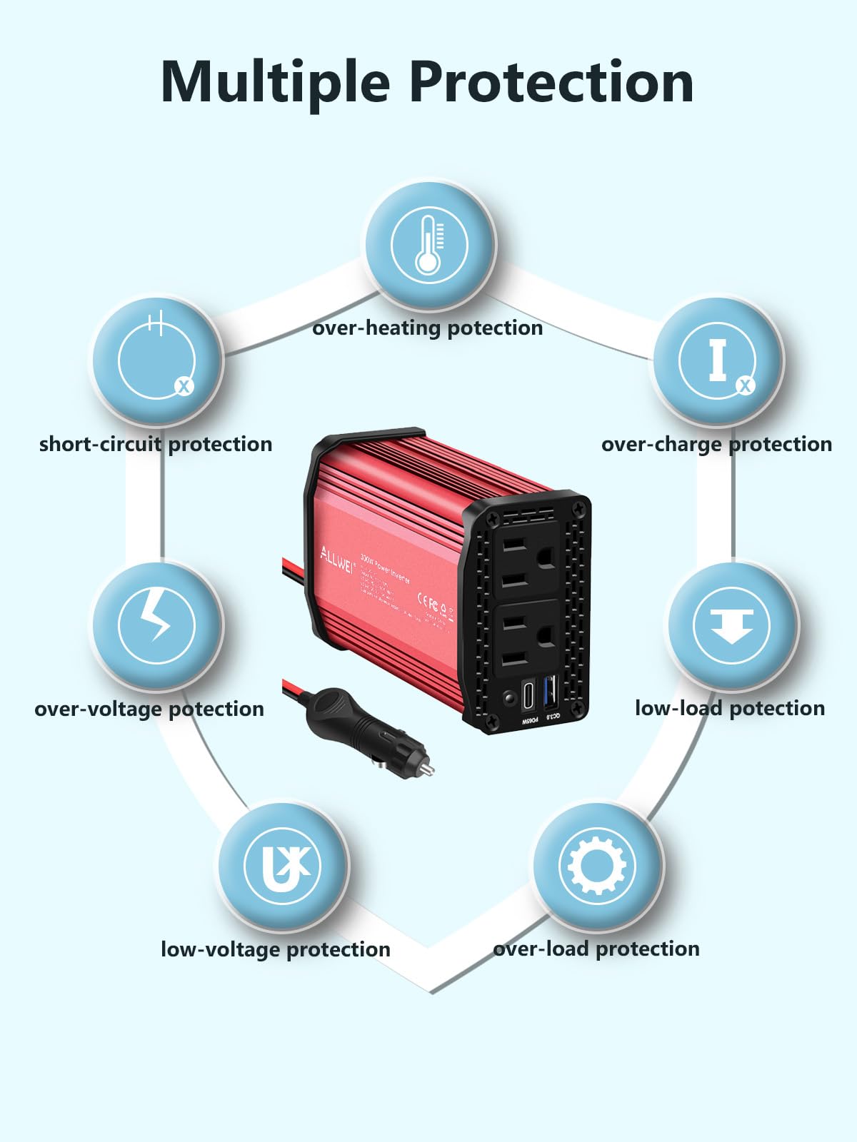 ALLWEI 300W Car Power Inverter with 27W USB-C and 3.0 USB Port - DC 12V to 240V / 230V AC Power inverters for Vehicles Converter Fast Charging Ports Car Charger Adapter (Red)