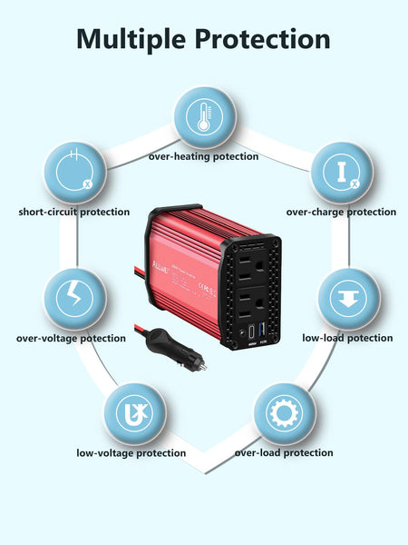 ALLWEI 300W Car Power Inverter with 27W USB-C and 3.0 USB Port - DC 12V to 240V / 230V AC Power inverters for Vehicles Converter Fast Charging Ports Car Charger Adapter (Red)