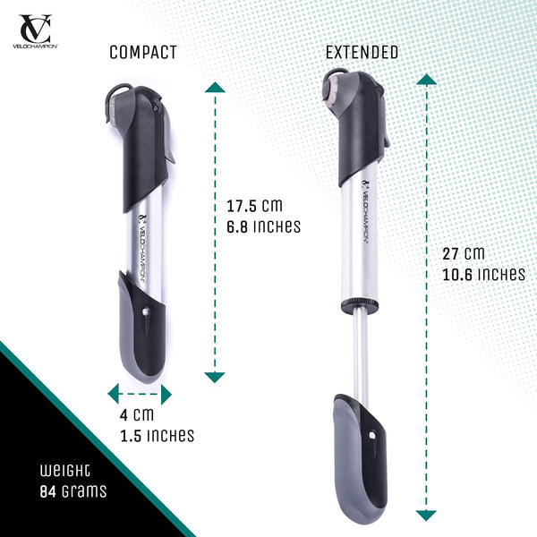 VeloChampion Mini Bicycle Pump with Frame Mount. Portable Alloy Pump For Presta, Schrader and Dunlop Valves. Suitable for All Bikes - Road, Mountain & BMX