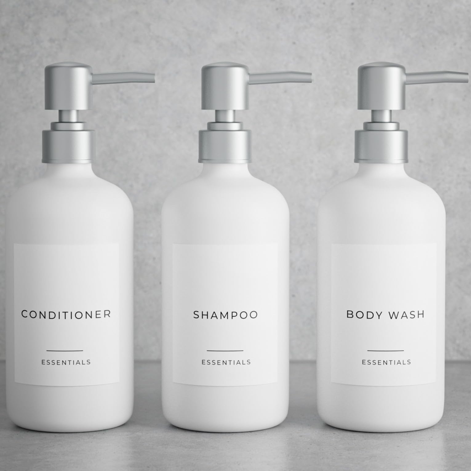 KIBAGA Stylish Shampoo and Conditioner Dispenser Set of 3-21oz Shower Soap Bottles with Pump Labels Easy to Refill Body Wash Dispensers for an Instant