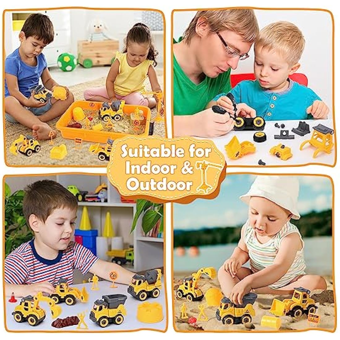 FRUSE Play Construction Sand Kit,Sand Box Toys Set with Play Sand,4 Take Apart Construction Trucks,4 Castle Molds,Sandbox with Lid,Sensory Toys for Kids Boys Girls Age 3-8