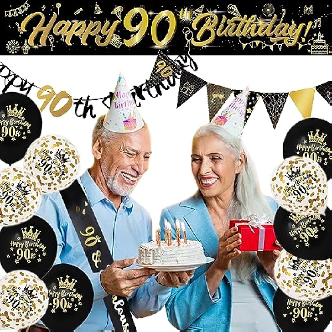 14 Pieces 90th Happy Birthday Decorations Kit, Birthday Party Decoration Including Party Supplies Birthday Straps 9ft Banner Triangle Flags Confetti Latex Balloons