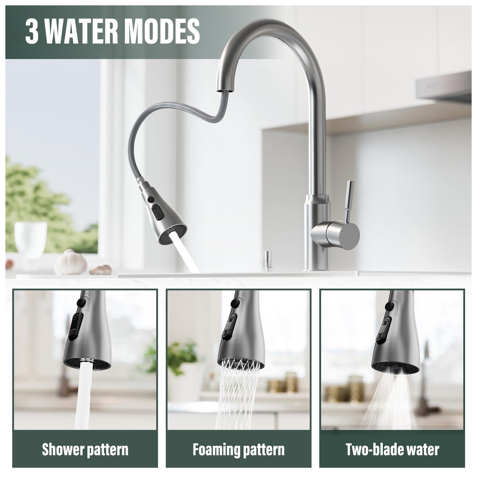ModHm Pull-Out Kitchen Taps, Brushed Steel Single Handle High-Arc with Hot/Cold Dual Hose Kitchen Mixer Tap, Countertop 360° Swivel Dual Spray Modes Faucet, Easy Installation with Fittings Included