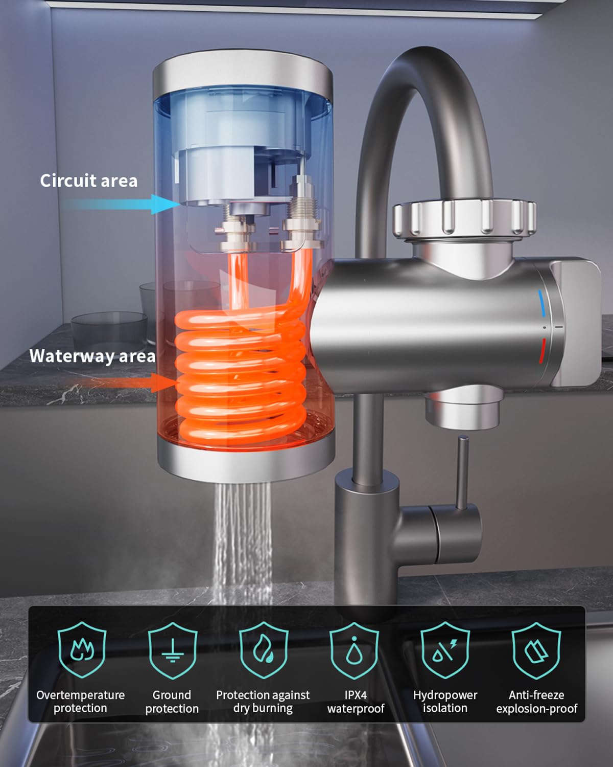 Electric Hot Water Tap for Bathroom, Instant Hot Water Heated Tap for Kitchen, Stainless Steel Water Heater Tap Supply Hot and Cold Water Faucet with Digital Display (Mechanical Spout)