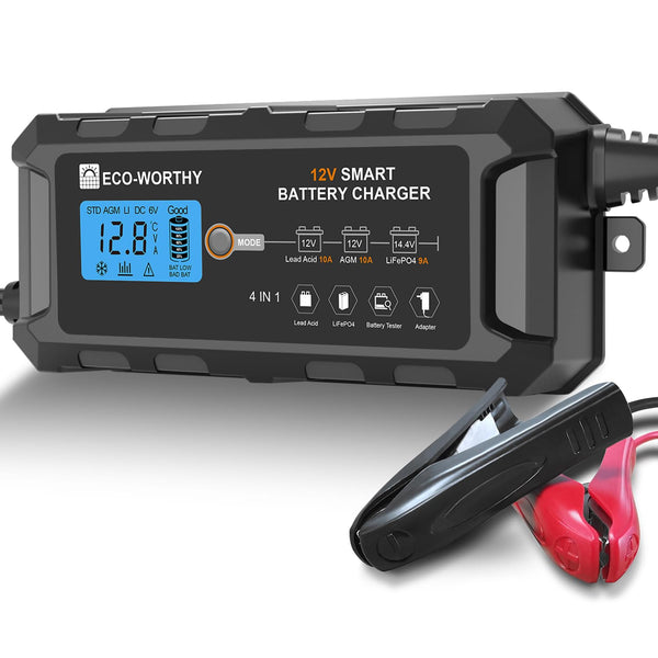 ECO-WORTHY 12V 10A LiFePO4 Battery Charger Automatic Smart and Maintainer (UK Plug) with LCD Display for Scooter Lead Acid and Lithium (LiFePO4) Battery