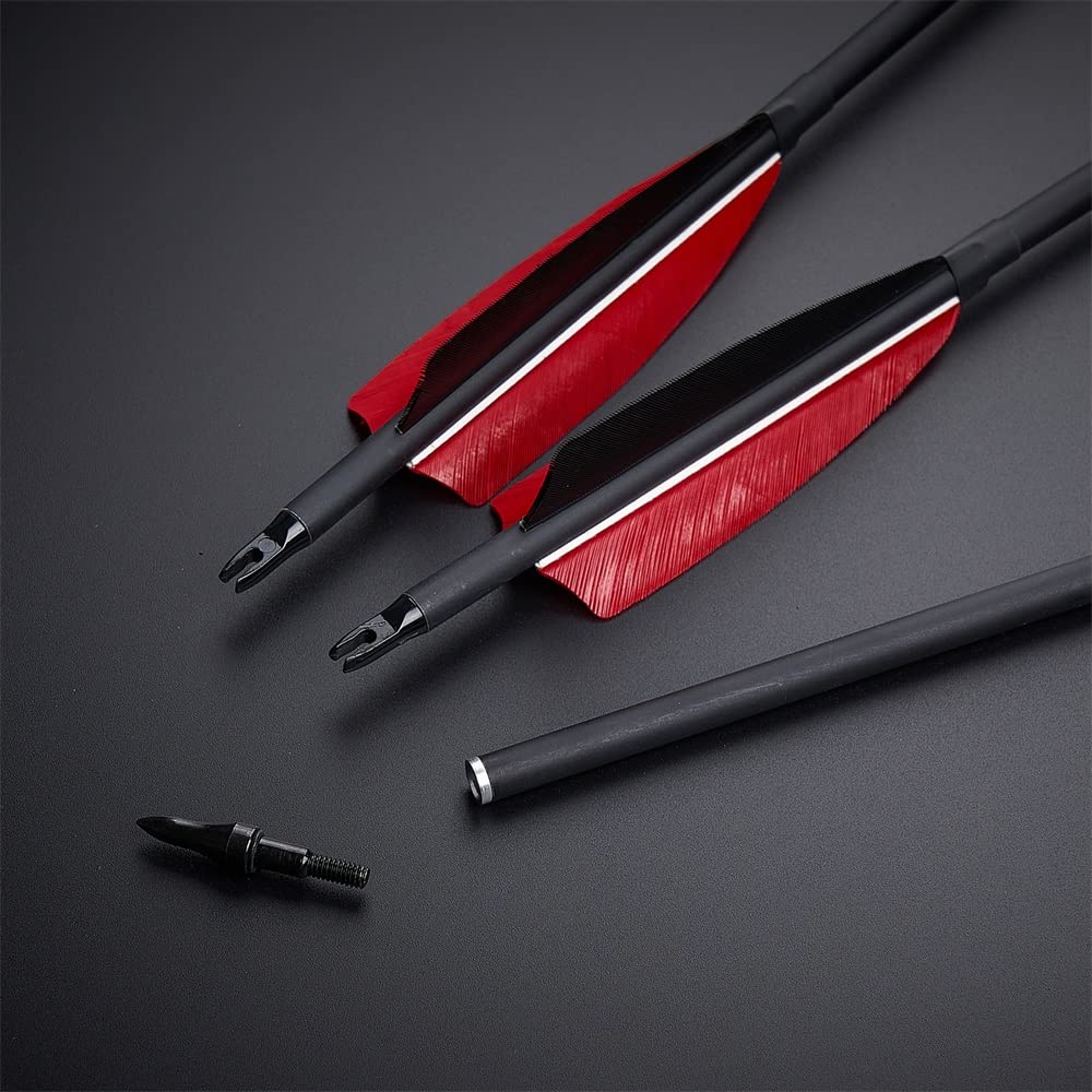 Huntingdoor 12Pcs 30 inch Archery Carbon Arrows Spine 550 Hunting Targeting Arrows with Replaceable Broadhead for Recurve Bow Compound Bow Target
