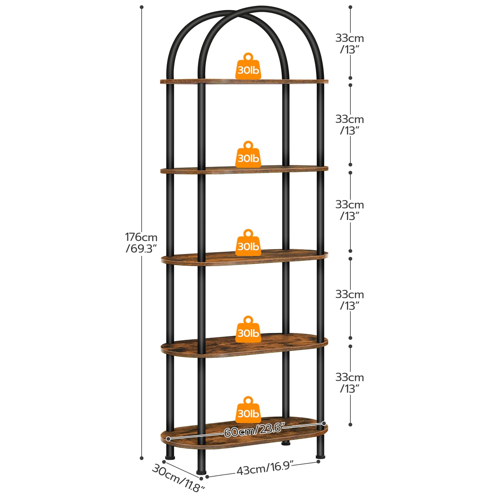 HOOBRO 5-Tier Book Shelf, Bookcase with Steel Frame, Industrial Arched Standing Ladder Shelf, Tall Storage Organizer, Storage Shelves for Living Room,