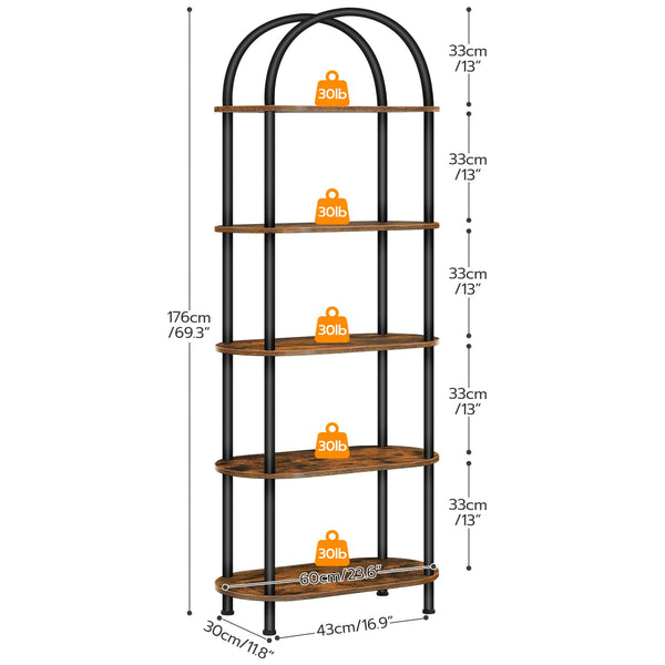 HOOBRO 5-Tier Book Shelf, Bookcase with Steel Frame, Industrial Arched Standing Ladder Shelf, Tall Storage Organizer, Storage Shelves for Living Room,