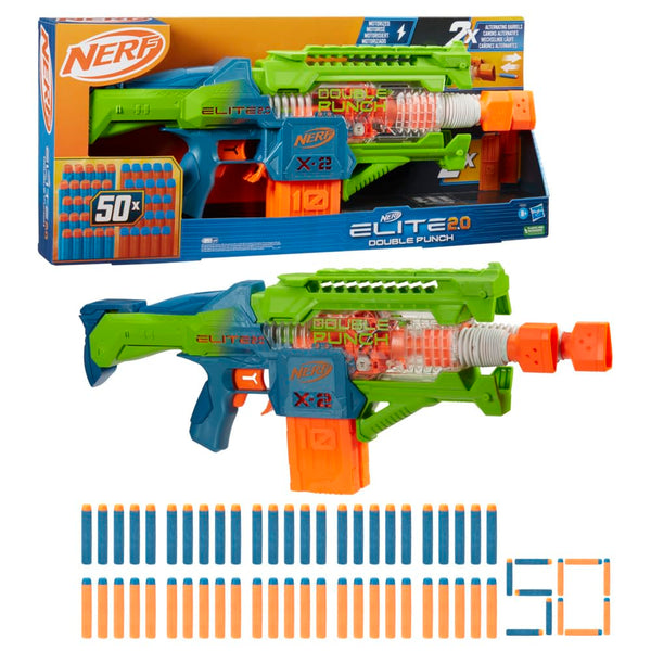 Nerf Elite 2.0 Double Punch Motorised Dart Blaster Toy For Kids | Rapid Alternating Barrels | with 50 Elite Foam Darts | Double Clip Blasting | Outdoor Games Gift Idea for 8+ Year Old Boys and Girls