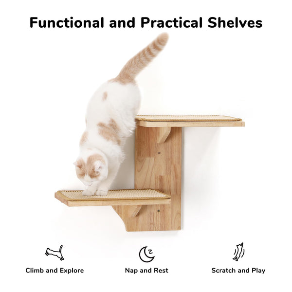 FUKUMARU Cat Wall Shelves, 2 Platform Wall-Mounted Furniture, Tree Shape Floating Shelf With Sisal Mat, Solid Rubber Wood Perch for 16 Inch Drywall,