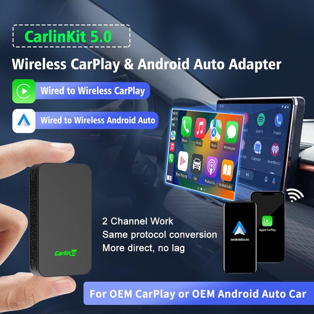 2024 CarlinKit 5.0 2air Wireless Adapter for Apple CarPlay and Android Auto,For cars wired apple CarPlay or wired Android Auto Function,(Model year:2017 to 2024) plug and play