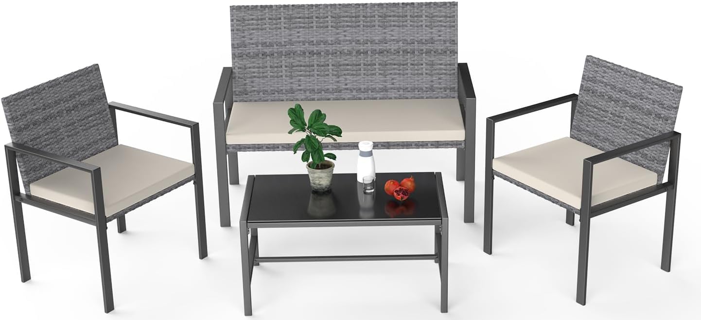 bigzzia Rattan Garden Furniture Set, 4 piece Patio Rattan furniture sofa Weaving Wicker includes 2 Armchairs,1 Double seat Sofa and 1 table (Black)