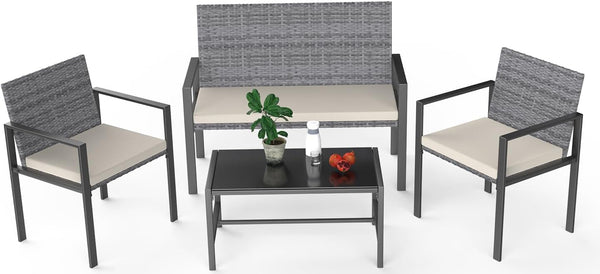 bigzzia Rattan Garden Furniture Set, 4 piece Patio Rattan furniture sofa Weaving Wicker includes 2 Armchairs,1 Double seat Sofa and 1 table (Black)