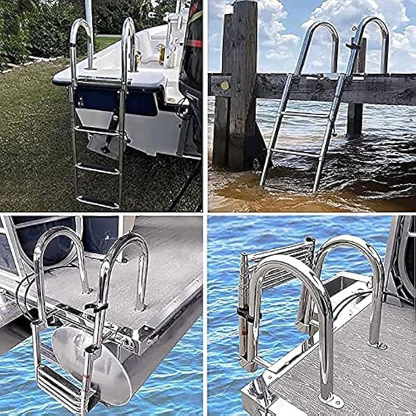 KAOLALI Boat Ladder 4 Steps, Pontoon Boat Ladder Foldable Stainless Steel Marine Rear Entry Telescoping Ladder with Wide Steps Swim Deck Ladder with Pedal Hand Railing Lad Capacity 200 kg
