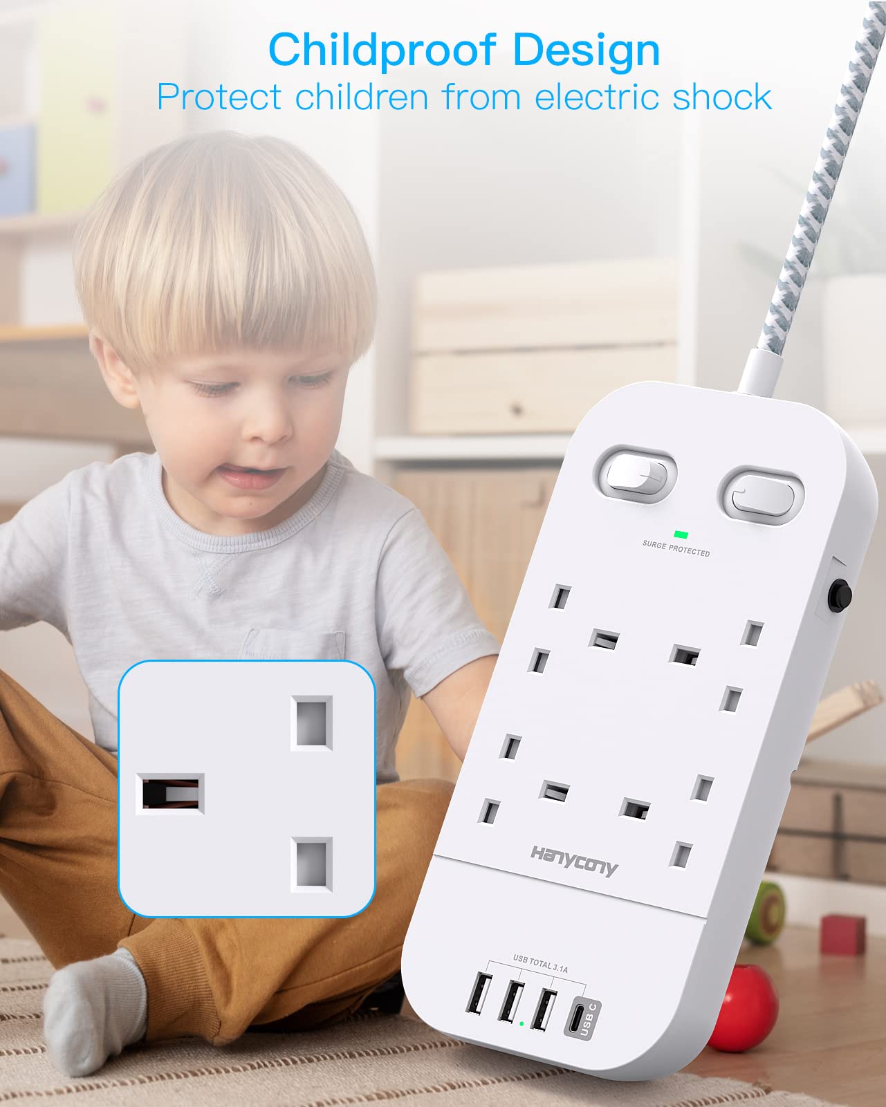 4 Way Surge Protected Extension Lead with USB Slots, HANYCONY Extension Cable with Double Switches, Plug Extension Socket 1.8M Braided Extension Cord for Home Office Accessories, Gray