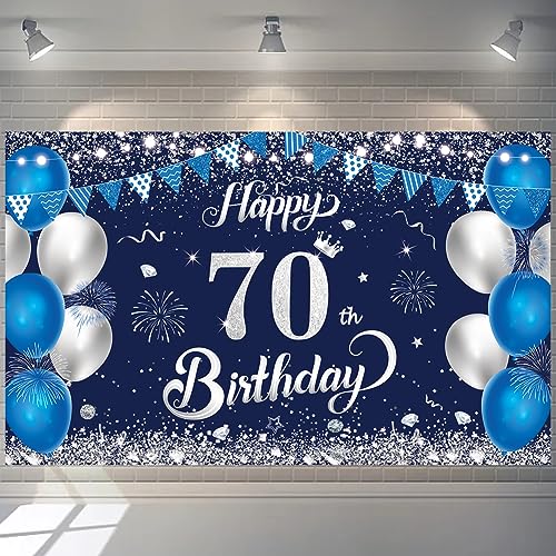 Happy 70th Birthday Banner, 1.1 x 1.8m Blue Silver 70th Birthday Decorations for Women, Men, Anniversary Party Supplies