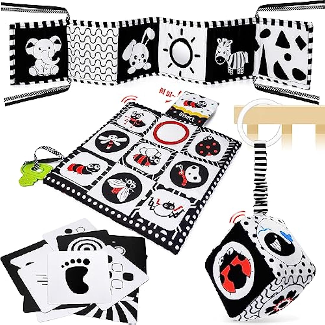 HappyKidsClub Black and White Sensory Toys, Baby 0-6 Months Montessori for Babies 6-12 Soft Book 6 Plus Tummy Time Gifts Newborn Toys