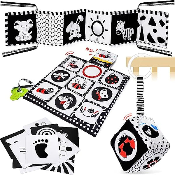 HappyKidsClub Black and White Sensory Toys, Baby 0-6 Months Montessori for Babies 6-12 Soft Book 6 Plus Tummy Time Gifts Newborn Toys