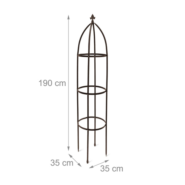 Relaxdays Metal Obelisk, 190 cm, Trellis for Climbing Plants, Support for Flowers and Vines, Brown