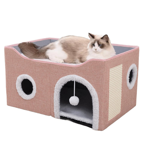 ERNAN Cat Beds,Cat Bed for Indoor Cats, Foldable Cat House,Large Soft Cave Bed with Scratching Board for Small Medium Pets (Pink, M)