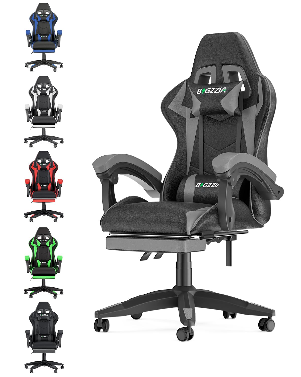 bigzzia Ergonomic Gaming Chair - Gamer Chairs with Lumbar Cushion + Headrest, Height-Adjustable Office & Computer Chair for Adults (without footrest, White)
