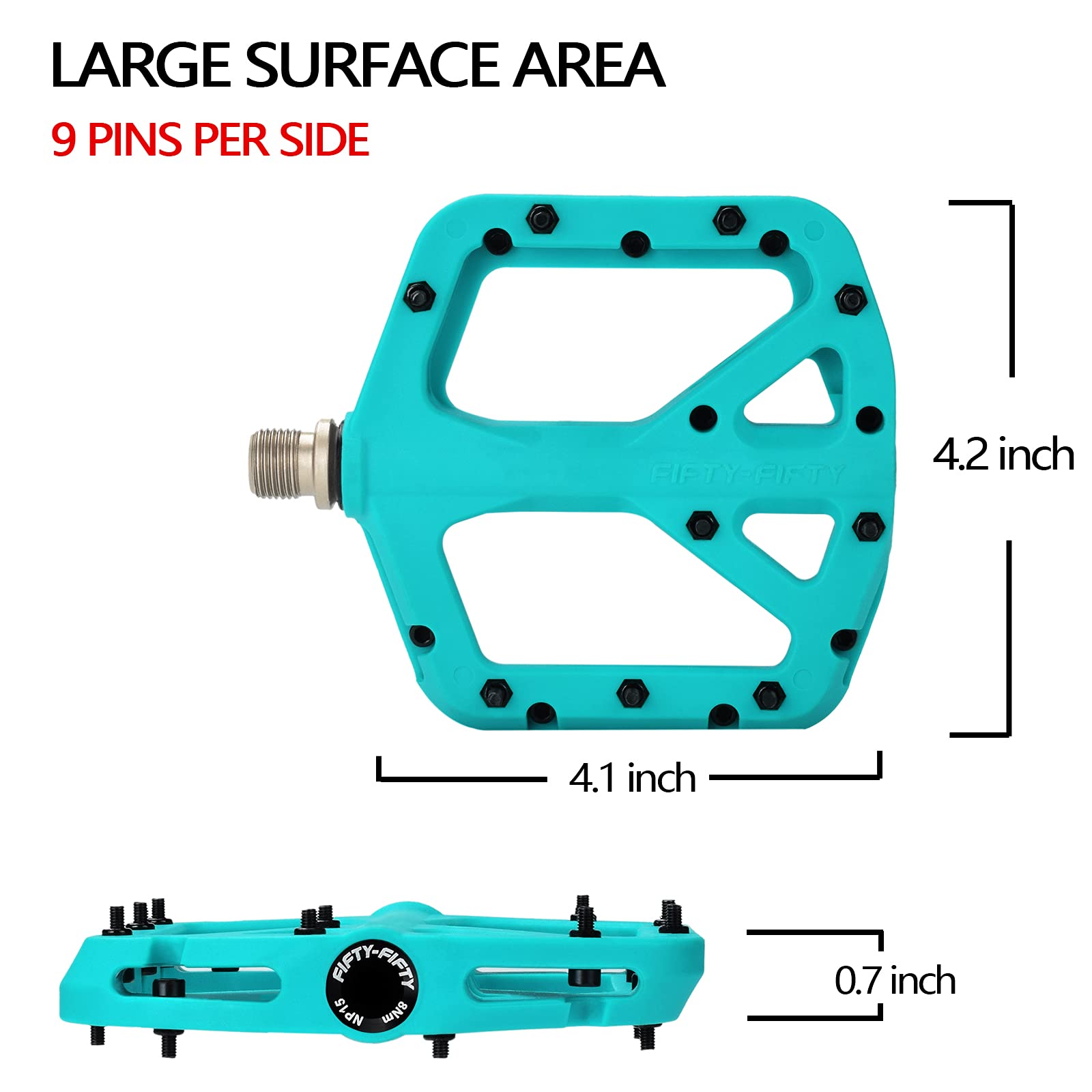 FIFTY-FIFTY Mountain Bike Pedals, Non-Slip MTB Nylon Composite, 9/16" Bicycle Pedals, Lightweight and Wide Flat Platform (Turquoise)