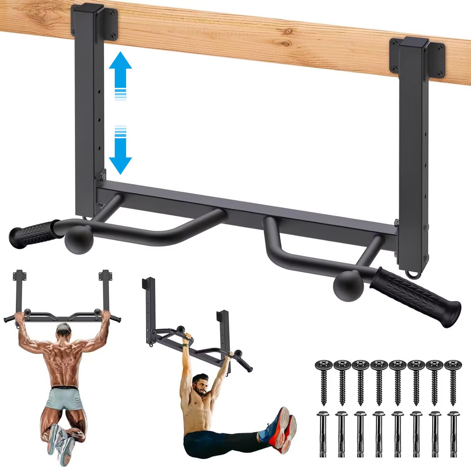 Kipika Multifunctional Joist Mounted Pull Up Bar, 4 Levels of Height Adjustment, Multi-Angle Grip, Chin Up Bar Joist Mount, Home Gym Workout Strength