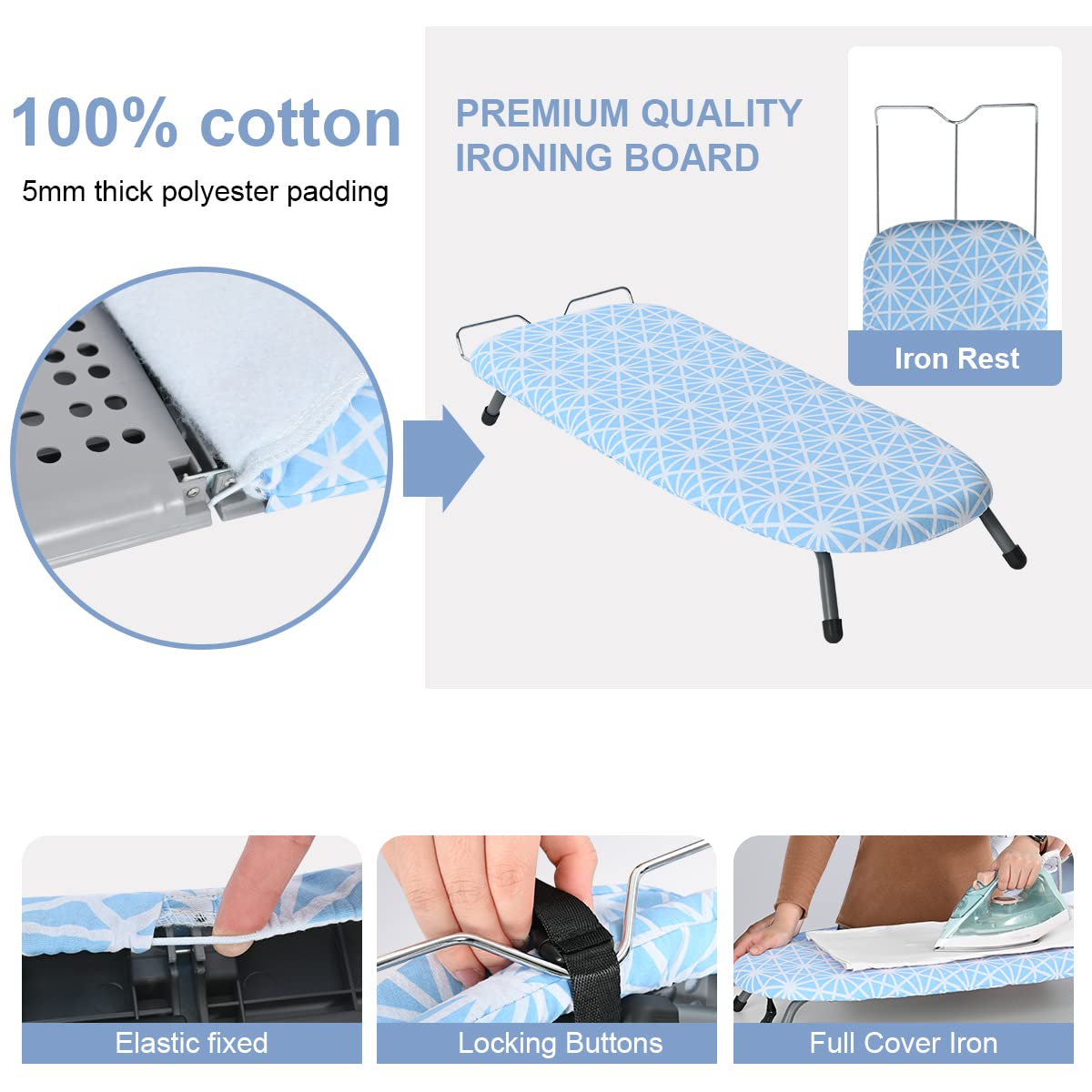Johgee Foldable Table Top Ironing Board with Iron Rest, Compact Folding Steam Iron Table with 2 Covers, Non-Slip Folding Legs, Light Weight,