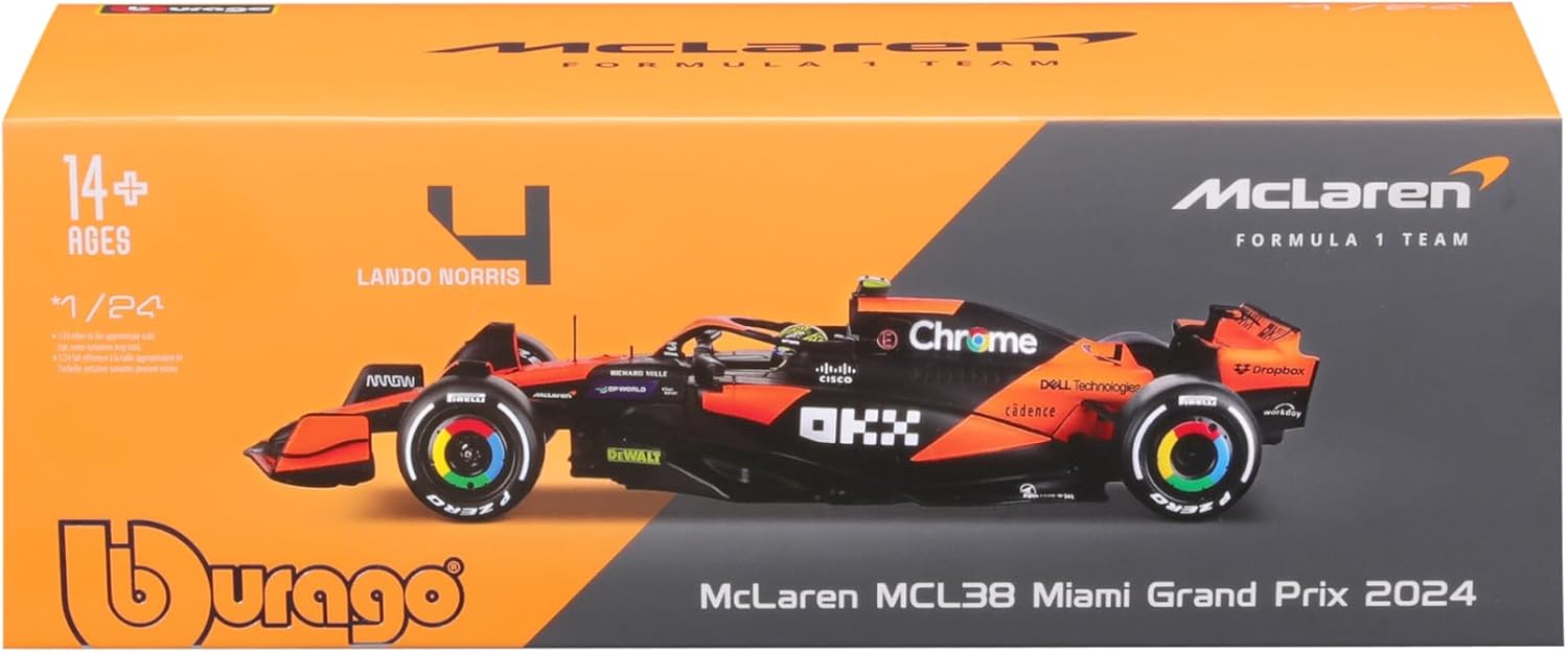 Bburago F1 Formula 1 MCLAREN MCL38 (2024) WITH HELMET- NORRIS - 1:24 Scale - Incredibly Detailed Die-Cast Replica Collectible Race Car Model