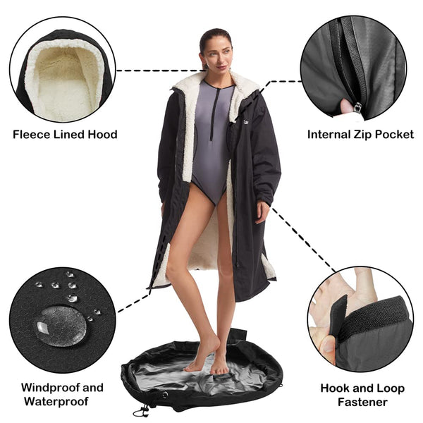 Hiturbo Waterproof Adult Changing Robe: Windproof Warm Swimming Robe Oversized Coat Surf Poncho with Fleece Lining Black