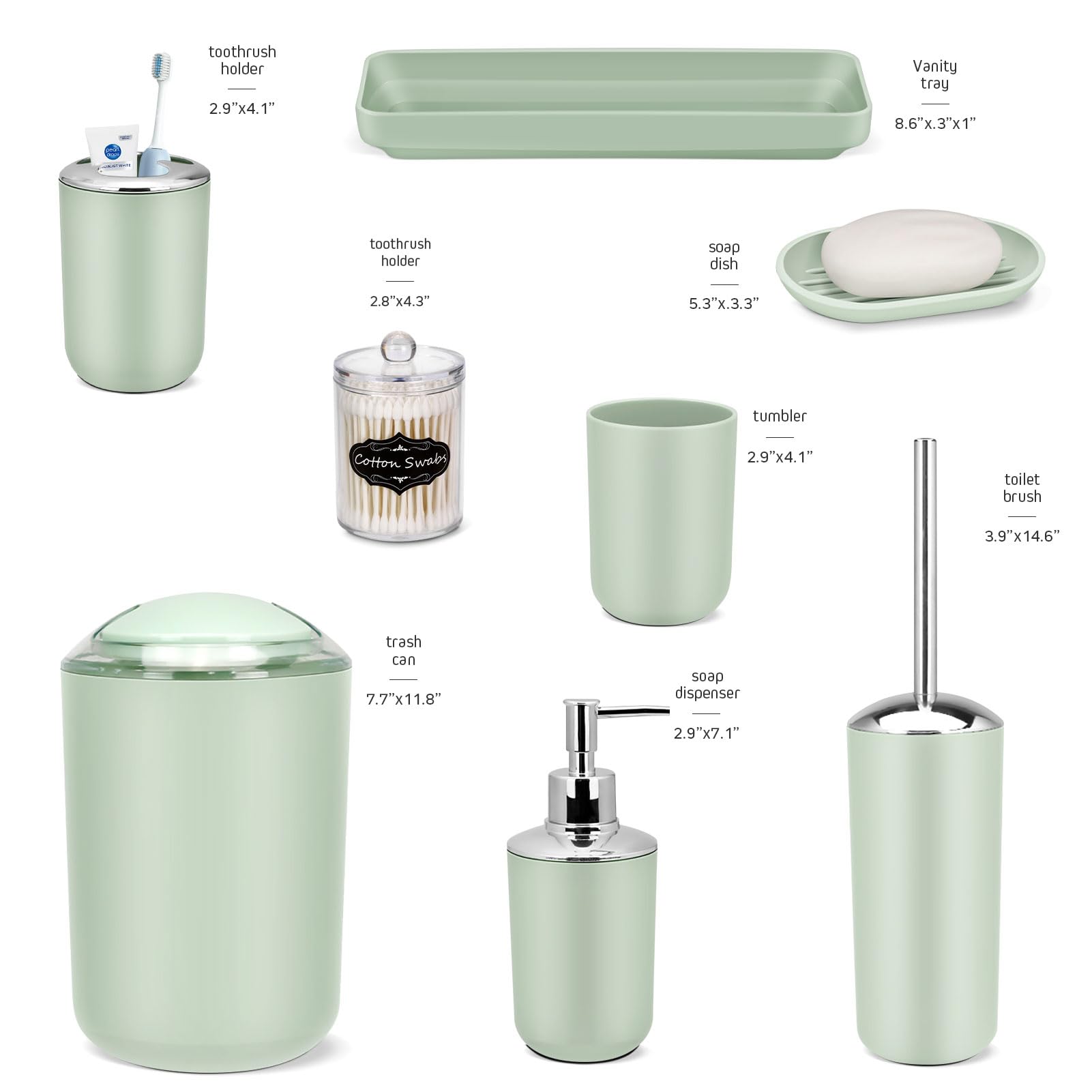 IMAVO Bathroom Accessory Set - 8 Pcs Green Bathroom Accessories Set with Trash Can, Soap Dispenser, Soap Dish, Toothbrush Holder, Toothbrush Cup,