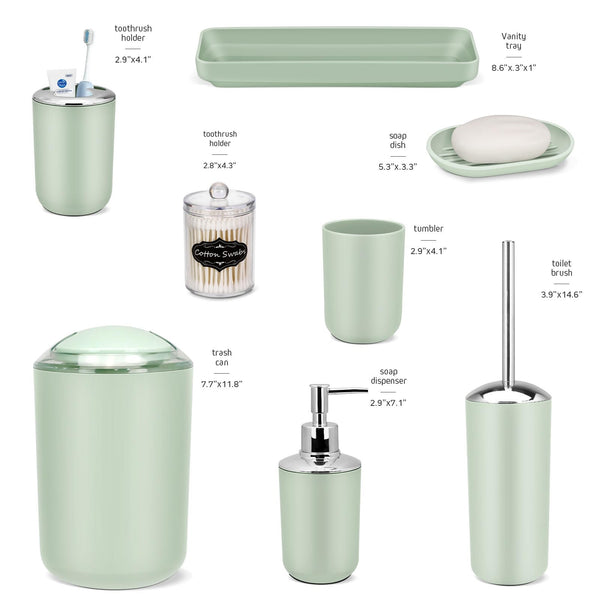 IMAVO Bathroom Accessory Set - 8 Pcs Green Bathroom Accessories Set with Trash Can, Soap Dispenser, Soap Dish, Toothbrush Holder, Toothbrush Cup,