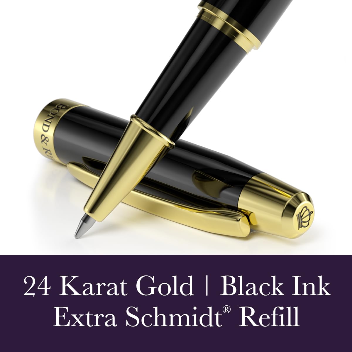 Bond & Regent Gloss Black & 24 Karat Gold - Certified Luxury Grade Rollerball Pen | Nice Gift for Men & Women